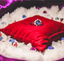 An engagement ring on a red cushion surrounded by birthstones